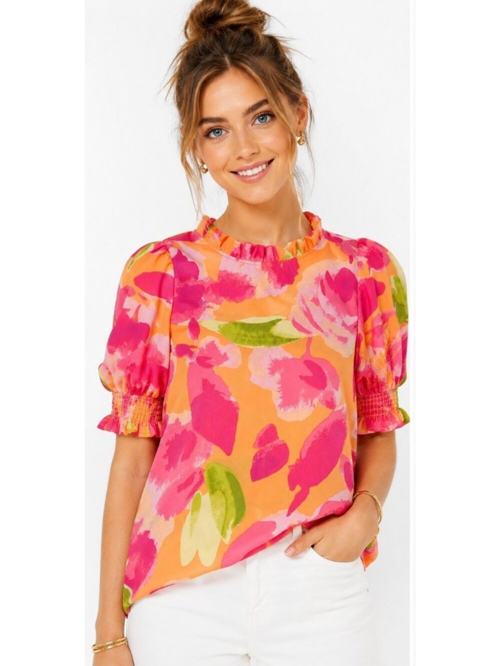 Les Amis Floral Blouse Medium Orange Pink Puff Sleeve Smocked Ruffle Top - Picture 1 of 10